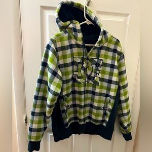DC Medium Green Black & White Plaid Sherpa-Lined Hooded Jacket.